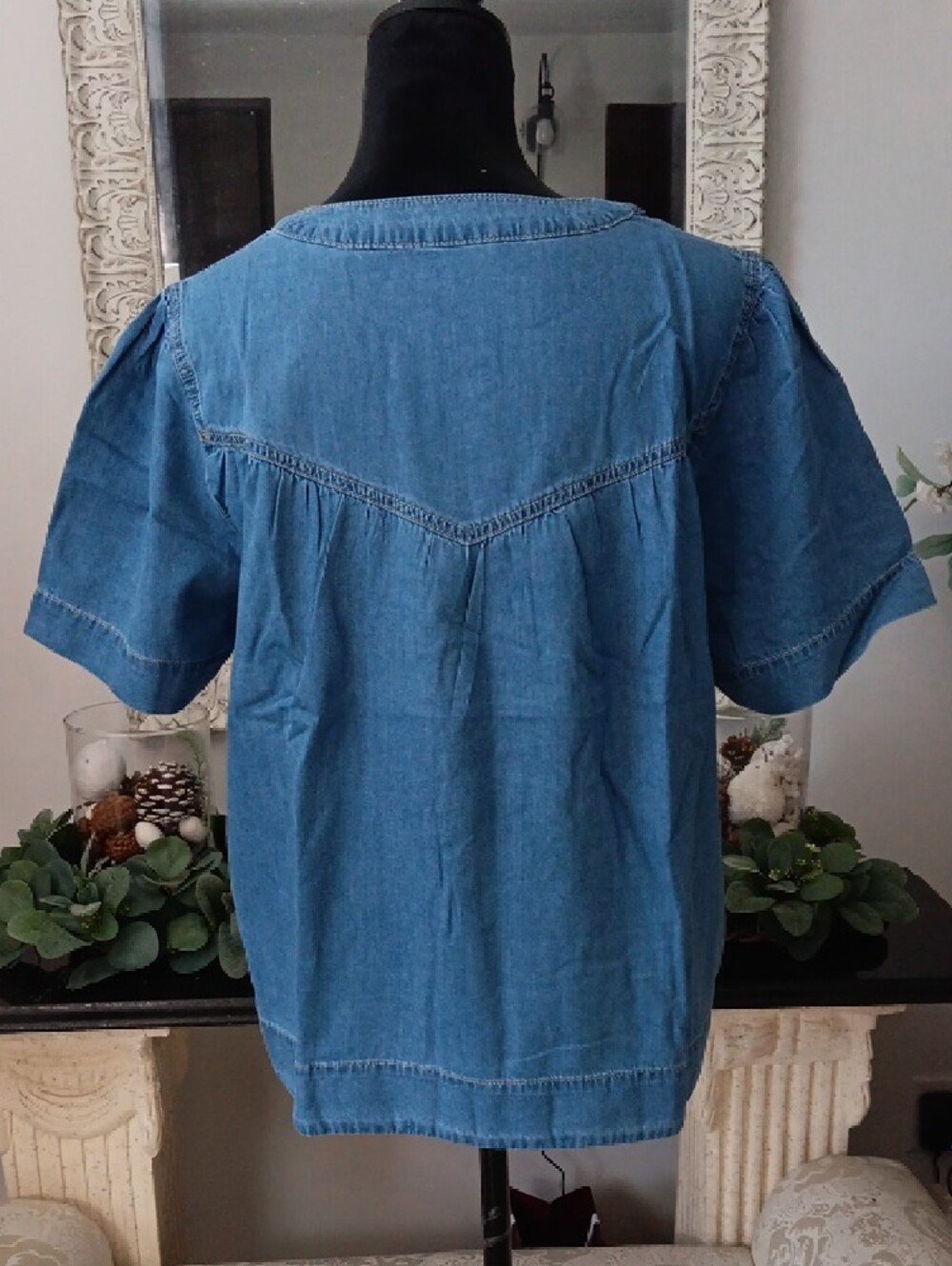 Denim Button Yoke Short Sleeve Top - Blue - Picture 6 of 7